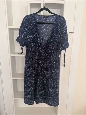 SHEIN Navy Blue Polka Dot Wrap Midi Dress